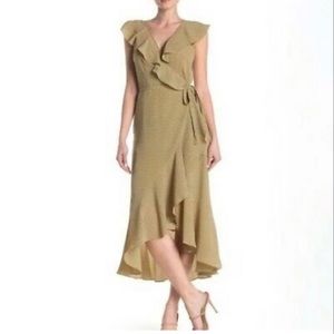 Max Studio Ruffle Crepe Wrap Tie Waist Midi Dress